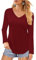 Elesomo Women Long Sleeve Shirts V Neck Cotton Tops Casual Tshirts Tees, Burgundy 20