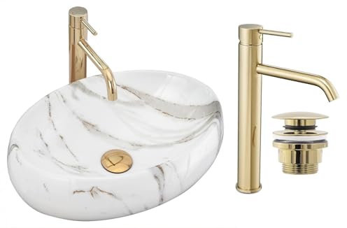GTM Design Aufsatzwaschbecken Glanz Set mit Waschtischbatterie und Stopfen - Aufsatzwaschbecken Oval für Badezimmer - Modern Waschbecken ohne Hahnloch - Waschbecken mit Armature - Modell 3