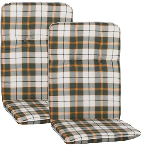 NYVI Hochlehner Auflagen Hawaii 2er Set - 114x47 cm Grün Orange Weiß Kariert - Gartenmöbel Auflage mit 5 cm Polster und Gummi-Halteband