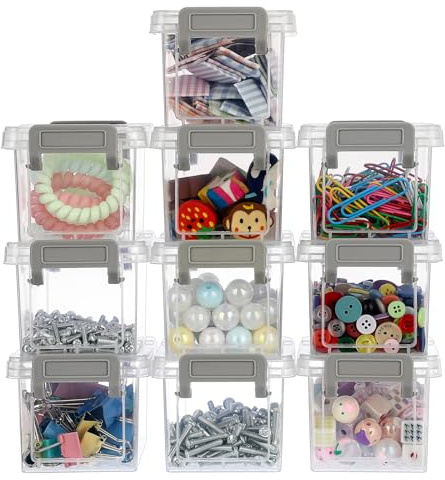 OGANAZI 10er Klein Aufbewahrungsbehälter mit Deckel Kunststoff Box 12x8x7cm | Transparent Aufbewahrungsboxen Stapelbare Organizer für Büromaterial, Schreibwaren, Bastelzubehör, Eisenwaren (nur Boxen)