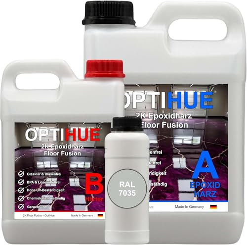 Optihue Epoxidharz Bodenbeschichtung Garagenboden 12Kg Bodenfarbe 2K Harz&Härter Garagenbeschichtung,Profi Qualität, Epoxy Gießharz geruchsarm Boden Werkstattboden (RAL 7035 Lichtgrau)
