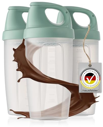 Hausfelder Proteinshaker 3 Stück, 3 x 500 ml, Eiweiß Shaker, auslaufsicher, mit Sieb, Drehverschluss und Mess-Skala