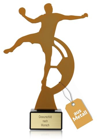 Goldener Handball-Pokal mit Gravur, 21 cm, Metall, Handball-Silhouette | Geschenk-Trophäe mit Steinsockel, personalisiertes Geschenk, Wanderpokal Handball