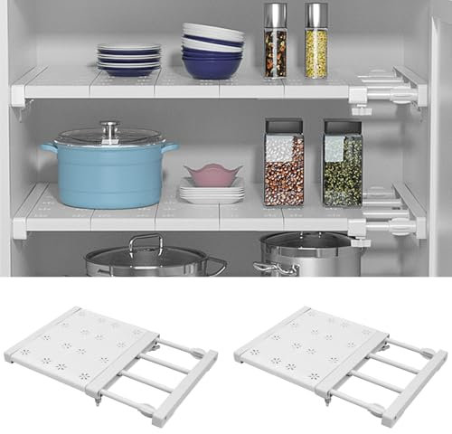 QINGLANG 2Pcs Extendable Shelf for Cupboard Adjustable Closet Tension Shelf & Rod Expandable Metal Storage Rack Organizer DIY Divider Separator for Cabinet Wardrobe Cupboard Kitchen Bathroom