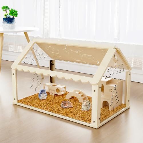 Hamsterkäfig aus Holz mit Acryl, Zwerghamsterkäfig, 60 * 40 * 40cm Hamstervilla, Kleintierhabitat mit zu öffnendem Deckel und Kletterleiter, Mäusekäfig für Meerschweinchen, Hamster, Abschließbar (A)