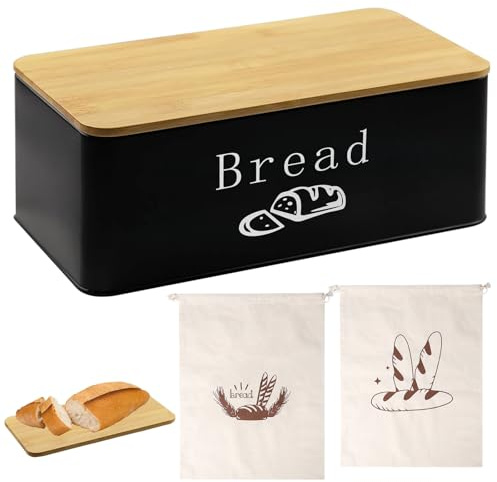 Brotkasten Schwarz Brotaufbewahrung Brotbox - KüChe Brotkasten mit Bambus-Schneidedeckel Brotaufbewahrung Langlebiger geräumiger Brotbox Schwarz Matt Wird mit Einem Holzdeckel und Einem Brotbeutel