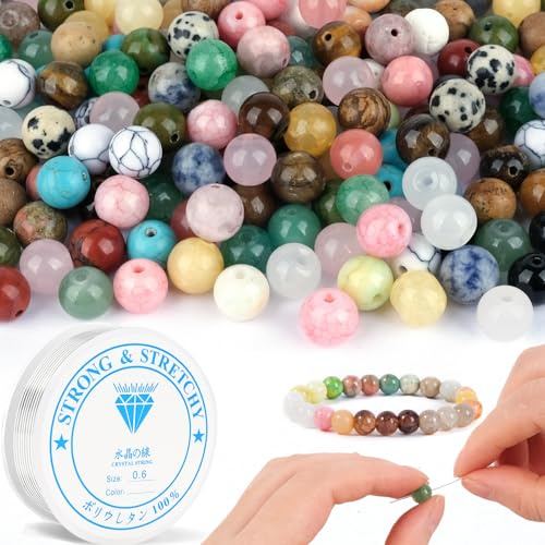 RUBY 100 Stück 8mm Bunte Naturstein Perlen Rund, Edelsteinperlen zum Auffädeln für Armbänder Selber Machen mit Elastischem Schmuckfaden