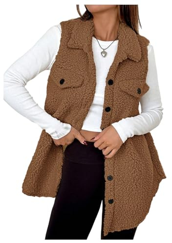 SOLY HUX Women's Button Down Fleece Outerwear Vest Sleeveless Teddy Jacket Coat Fall Winter Clothes Plain Brown Large