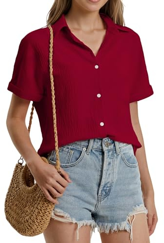 Stamain Women Shirts Short Sleeve Blouses Summer Casual Shirts for Women UK Button Down Loose Fit Ladies Solid Color Blouse