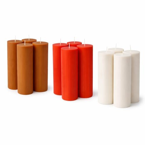 Geriffelte Stumpenkerzen 4-er Set, Braun, Ø 6 cm, Höhe 20 cm | Deko-Kerzen für Advent, Weihnachten & Tischdeko, Durchgefärbt