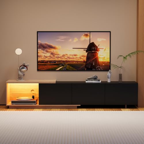 ZHDOKA Mobile TV con 3 cassetti,Armadio TV con LED a induzione | Mobili per TV basso moderno con spazio aperto per soggiorno o camera da letto, nero, 240 x 38 x 44 cm