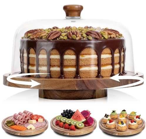 JOCHER Acacia Wood Cake Stand with Lid, 12in Wooden Cake Stand with Acrylic Dome, Cake Display Stand with Acrylic Dome for Baking, Wedding, Kitchen, Birthday, Parties