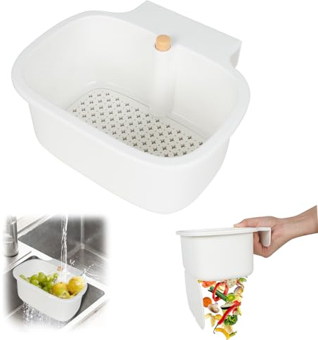 Spülbecken Abtropfkorb Hängend, Sieb für Spülbecken mit Knopf Öffnung, Küchen Organizer für Schwamm Bürste Obst & Küchenabfall, Abtropfsieb zum Einhängen an Spüle bis 3,6 cm, Kunststoff Weiß