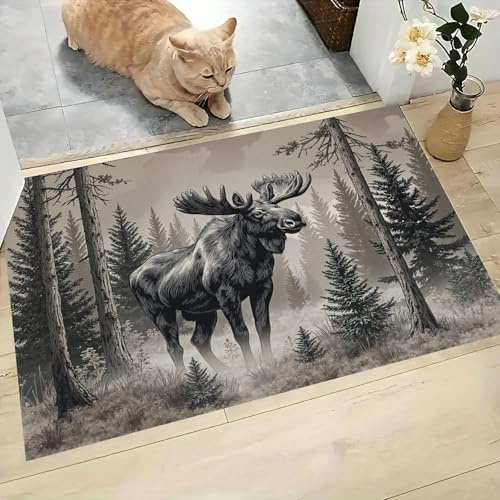 JEDTAKCT Fußmatte Vintage-Waldelch 50X80Cm Rostbraun - Fussmatte Mit Tier-Holzschnitt - rutschfest Waschbar Teppiche - Willkommensmatte Schmutzfangmatte Für Innen Außen Zuhause Haustür