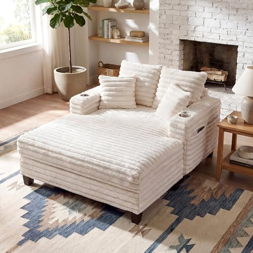 163cm Chaiselongue Sofa mit Massivholzrahmen, Big Loungesofa mit Liegefunktion für Wohnzimmer & Lese-Ecke, Einzelsessel aus Plüsch-Cord mit 2 Getränkehaltern & 4 Seitentaschen, 2 Sets Sofa-Füße, Beige