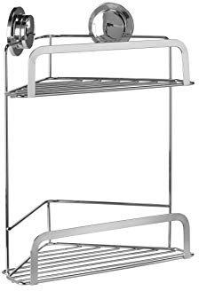 Croydex Stick 'N' Lock Two Tier Corner Basket - No Drilling Chrome Bathroom Storage Solution, Easy-Clean Shower Caddy, Stylish Bathroom Accessory with Removable Brackets, 2.5Kg Load Capacity