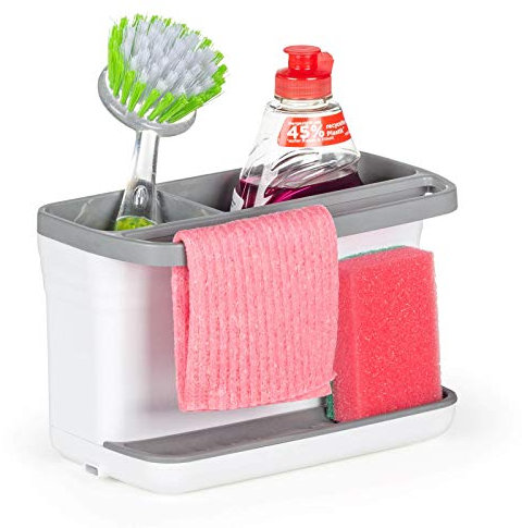 ROSMARINO Spülbecken-Organizer | Sink Caddy für Küche mit Utensilien-Korb | Mit Abflusspfanne & Klebstoff | Dual-Use für Schwamm, Bürste & Seifenschale | Elegantes Weiss