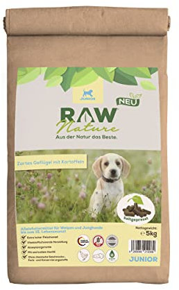 RAW Nature Trockenfutter JUNIOR mit Huhn 5kg, kaltgepresstes Hundefutter, Getreidefrei, 100% Muskelfleisch, hoher Fleischanteil, ohne künstliche Zusätze, für alle Rassen und Sensible Hunde geeignet