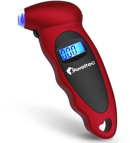 AWELTEC Digital Tire Pressure Gauge,Accurate Air Tire Gauge with Backlit LCD and Non-Slip Grip,Max 150 PSI, 4 Units Settings for Car Truck Motorcycle Bicycle,Red