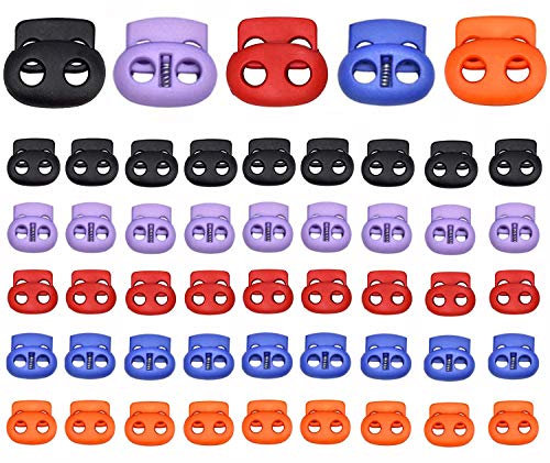 XPOOS 50 Stück Schnurschlösser Kordelstopper 2 Loch Kordelklemme Doppellochung Klein Rund Schnürsenkel Stopper für Schnurenden Gummiband Hosen Turnbeuteln Tüte Basteln(5 Farben)