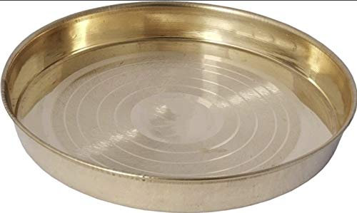 CRAFTING WITH LOVE A HANDMADE Brass Dinner Plate/Thali Set for Pooja & Serving Purpose Silver Touch Khomcha Design, 25.5 cm set of 2
