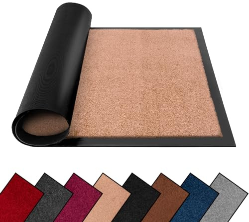 FB FunkyBuys Washable Dirt Trapper Door Mats Indoor & Outdoor, Heavy Duty Non Slip Doormats, Rubber Backed Floor Mat, Super Absorbent Front Door Mat, Entrance Rug (Beige-Plain, 80cm x 120cm)