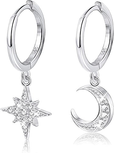 Adramata Ohrringe Silber 925 Damen Hypoallergen Creolen Hängend Asymmetrische Mond Stern Klein Creolen Ohrringe Für Damen Mädchen Kinder