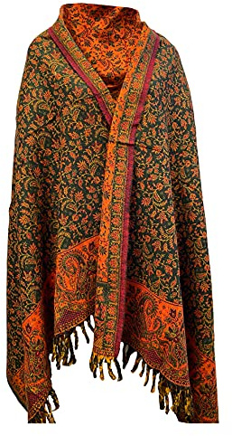 Schal aus reiner Yakwolle, Vintage-Stil, Blumenmuster, Orange, Grün, Unisex, übergroß, doppelseitig, luxuriös, Geschenk, blau, Einheitsgröße