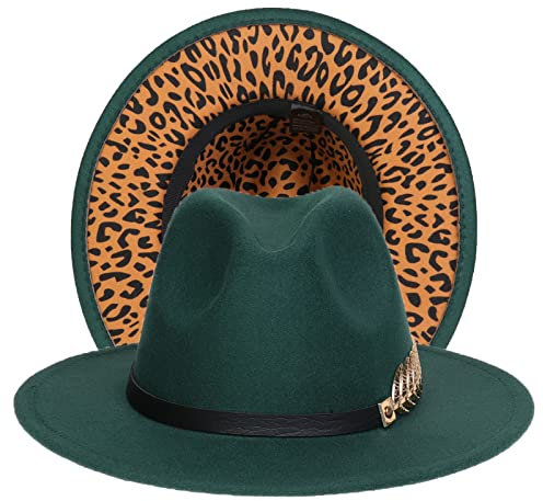 JK Home Fedora Feutre Chapeau de Jazz Mariage Bicolore Large Bord avec PU Cuir Boucle Arête Intérieur Cordon Ajustable Vert Foncé