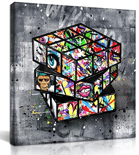 SIXTTART Banksy Leinwandbild für Wohnzimmer – StraßenGraffitiWandkunst für Schlafzimmer – großes abstraktes Gemälde PopArt, modernes HeimbüroDekor, 50,8 cm B x 50,8 cm H gespannt und gerahmt,