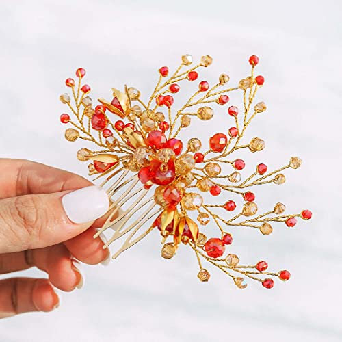 IYOU Braut Rot Haarkamm Strass Perlen Kopfbedeckung Blume Hochzeit Seitenkamm Zubehör für Frauen Abschlussball Braut Brautjungfer