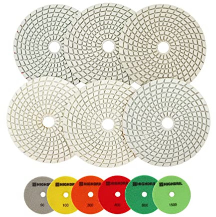 Nasse Diamant Polierscheibe - HIGHDRIL 6 Stück 125MM (#50#100#200#400#800#1500) diamant schleifpad für Granit, Marmor, Keramik, Kunststein Schleifblock auf Schleifer oder Polierer verwendet