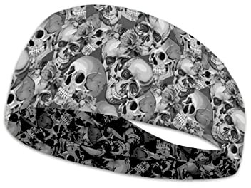 Kuiaobaty Skulls Running Stirnbänder für Frauen, Silber Totenkopf Sport Stirnbänder für Männer Breites Haarband Stretch Turban Stirnband Gothic Outfit