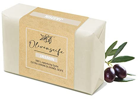 NELUHA Reine Olivenölseife mit Mandelöl Jasmin – Feste pH-neutrale Duschseife für Männer und Frauen – Seife für Haare, Körper und Bart