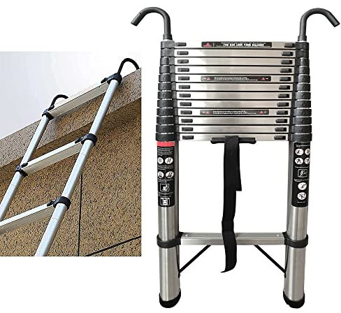 Telescopic Ladder 5M, Portable Attic Ladders, Heavy Duty Stainless Steel 12 Step Telescoping Folding Ladder, Non-slip Feet, Detachable Hooks, for Window Loft Guttering Cleaning