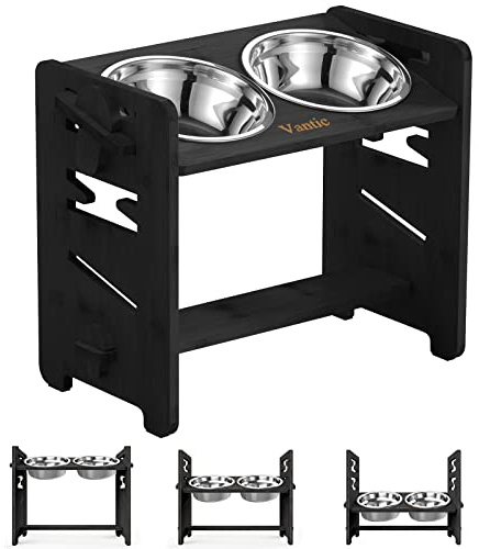 Vantic Elevated Dog Bowls, Adjustable Raised Dog Bowl Stand for Medium Sized Pet, Sturdy Bamboo Food Feeder with 2 Stainless Steel Dishes, Black