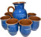 etara Wein&Feinkost Kollektion/Wein Glühwein Tee Wasser Weindekanter Set, Krug und 6 Becher aus Ton, bulgarische Tradition, Keramik, hochwertige Handarbeit (blau - weiß)