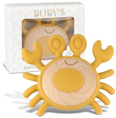 BOBY´S Beißring für Babys aus Holz & Silikon Krabbe Ochre/Kauspielzeug, Zahnungshilfe & Greifring in einem / 100% BPA-freies Beißspielzeug/nachhaltiger Holz Beißring