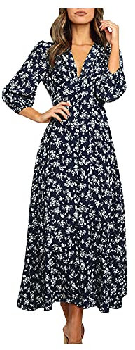 Women's Elegant Summer Chiffon Dress - 3/4 Sleeve, V-Neck Wrap, High Waist, Ruffle Maxi, A-Line, Pleated, Floral Pattern - Casual Party Autumn Long Dress