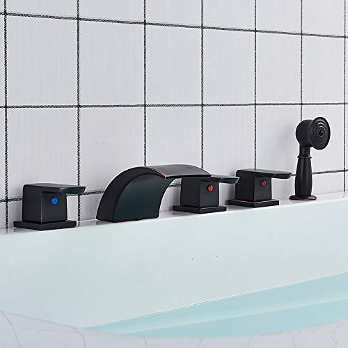 Badewannen-Wasserhahn-Mischer-Waschtisch-Hahn-breiter Auslauf-Wasserfall-Wanne-Badezimmer-Hahn-warmes und kaltes Wasser-Mischer mit Handbrause,Schwarze Bronze B