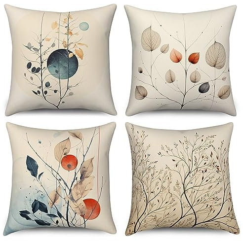 ASDCXZ Vintage Kissenbezug 40x40 cm 4er Set, Modern Retro Braun Beige Blätter Sofa Dekokissen Kissenbezüge Kissenhülle Waschbar Polyester Flachs Textil Outdoor Kopfkissenbezug Kissen Bezug