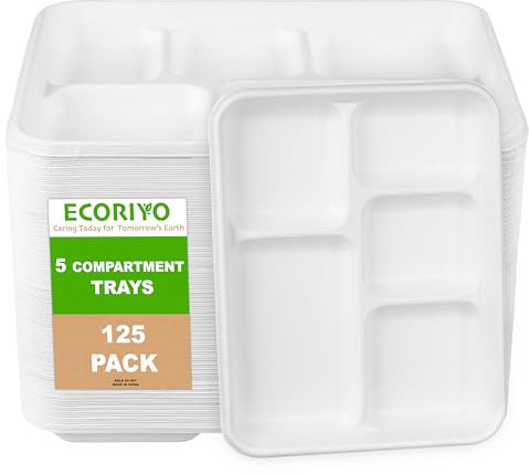 ECORIYO 5 Compartment Disposable Paper Plates - 125-Pack of Divided Disposable Plates with Compartments, Compostable & Biodegradable Plates from Sugarcane Fibre - White Food Trays