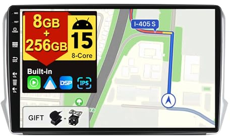 BXLIYER - [8G+256G, 8-Core] - Android 14 IPS Autoradio für Peugeot 208/2008 (2012-2018) - Kabellos CarPlay/Android Auto/DSP - Kamera & MIC - 10.1 Zoll 2 Din - DAB Lenkradsteuerung Fast-Boot 360-CAM