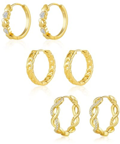 ALEXCRAFT Small 14K Gold Hoop Earrings Set, Sterling Silver Heart Zircon Twisted Hollow Chain Hoop Cartilage Huggie Earrings for Women & Girls