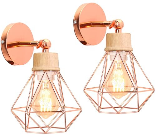 iDEGU Lot de 2 Appliques Murales Interieures Industrielle 16cm Luminaire Plafonnier en Bois et Métal Design Cage Réglable Lampe Murale Vintage E27 Éclairage Mural pour Salon Cuisine Chambre (Or Rose)