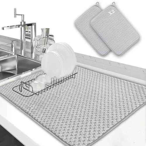 LIBRNTY Alfombrilla de goteo para platos,Alfombra escurreplatos,Esponja escurreplatos,Alfombrilla para Cafetera,Fácil Limpieza,Protector Antideslizante Encimeras,Cocina y Cafetería (Gris KU-1)