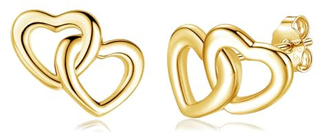 Loutade Silver Heart Earrings for Women, 925 Sterling Silver Stud Earrings, Hypoallergenic Cartilage Sleeper Simple Entwined CZ Flat Gold Double Open Heart Earrings