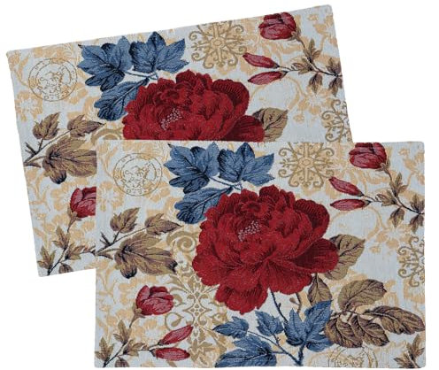Gobelin Tischset 2er Pack Blumen Tischdeko mit Baumwolle Osterdeko Untersetzer Esstisch Natur Deko Art Deco Rosé Typ884 Platzsets 33x46 cm Pfingstrose