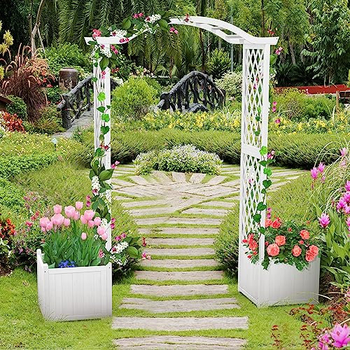 COSTWAY Blumenkasten mit Spalier, Rosenbogen Tannenholz, Pflanzkasten für Kletterpflanzen, Hochbeet mit Rankgitter & Drainageloch, Pergola Torbogen für Garten Hof Balkon, 183x42x200cm, Weiß
