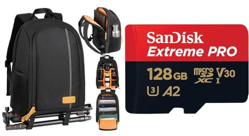 TARION Camera Backpack, Photography Backpack with Large Capacity, Padded Insert, 15'' Laptop & SanDisk 128GB Extreme PRO microSDXC card + SD adapter + RescuePro Deluxe, up to 200 MB/s